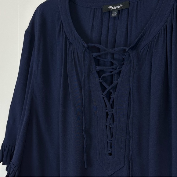 Madewell Sunpleat Navy Lace Up Short Sleeve Blouse Size XL 🔥 - Picture 3 of 7
